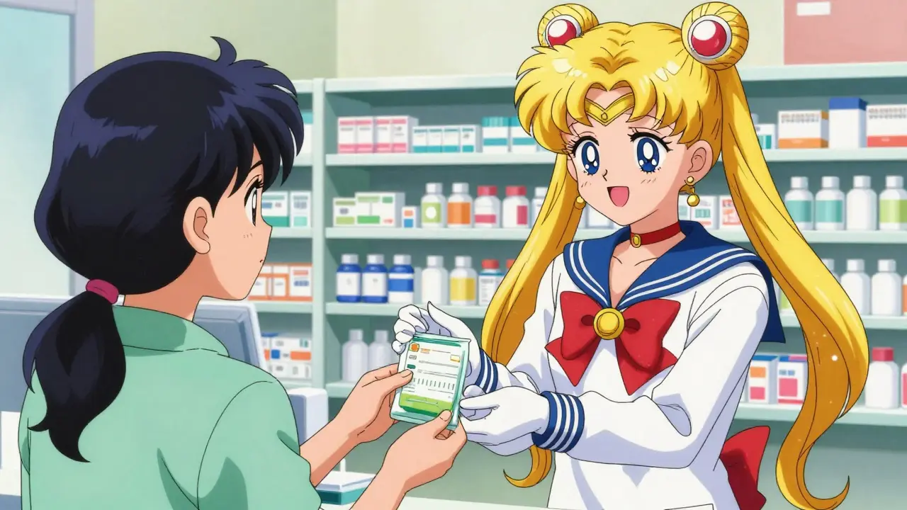 Anime pharmacist handing prescription bag to happy patient