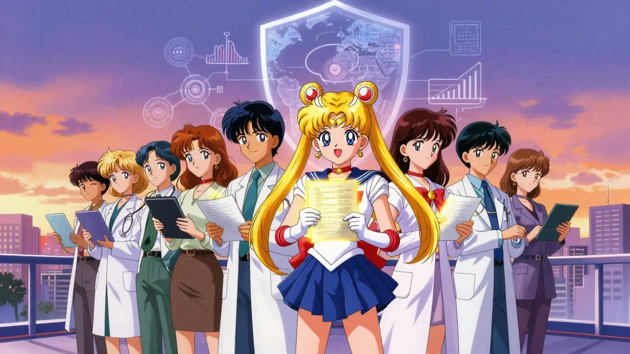 Anime team celebrating regulatory approval at sunset