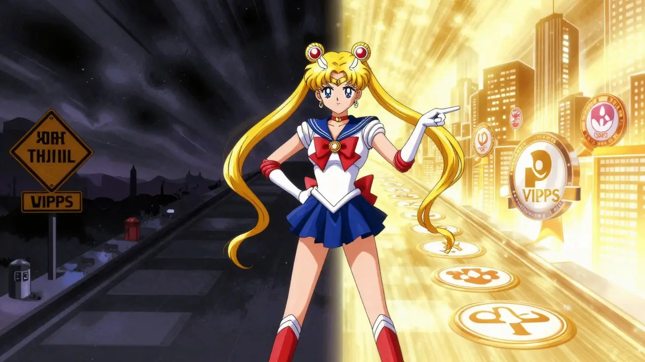 Magical girl choosing safe pharmacy path over dangerous shadows.