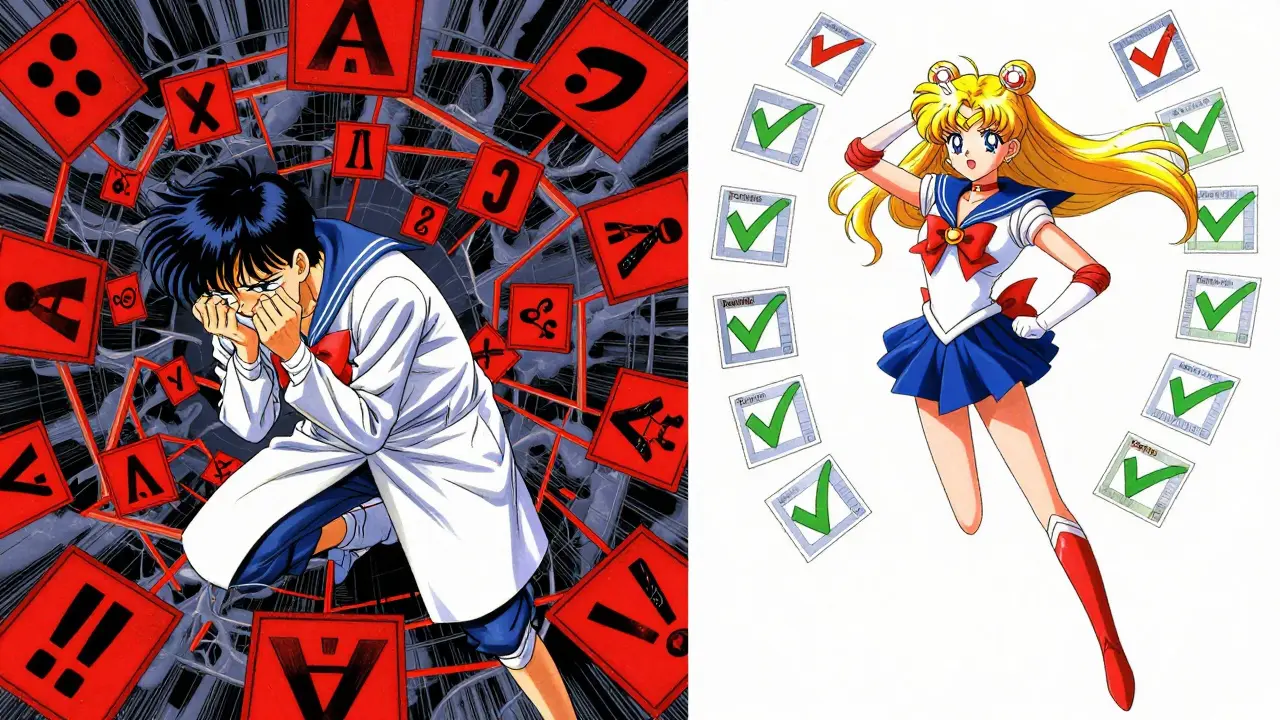 Manga split screen comparing old vs new drug testing methods
