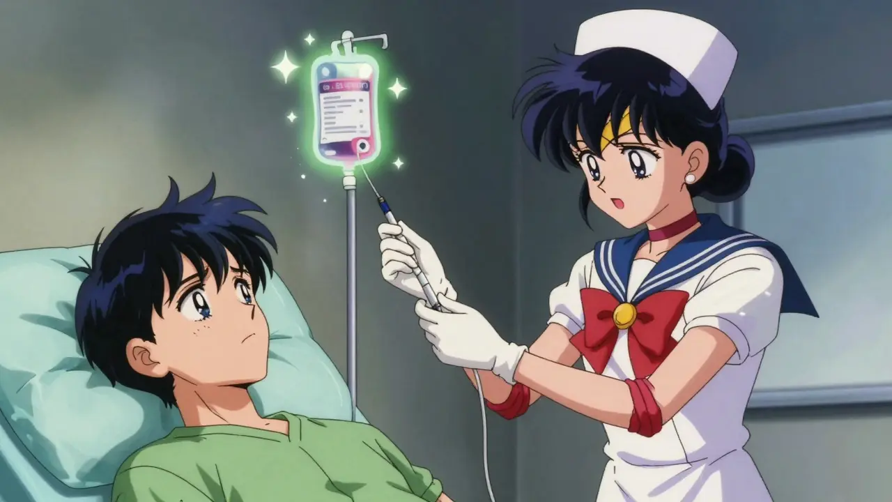 Nurse giving IV treatment for opioid itch relief