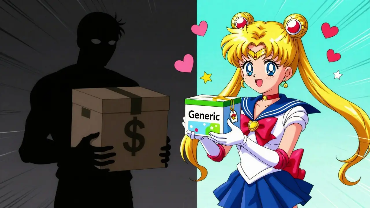 Sailor Moon style comparison showing cheap generic meds vs expensive brand.