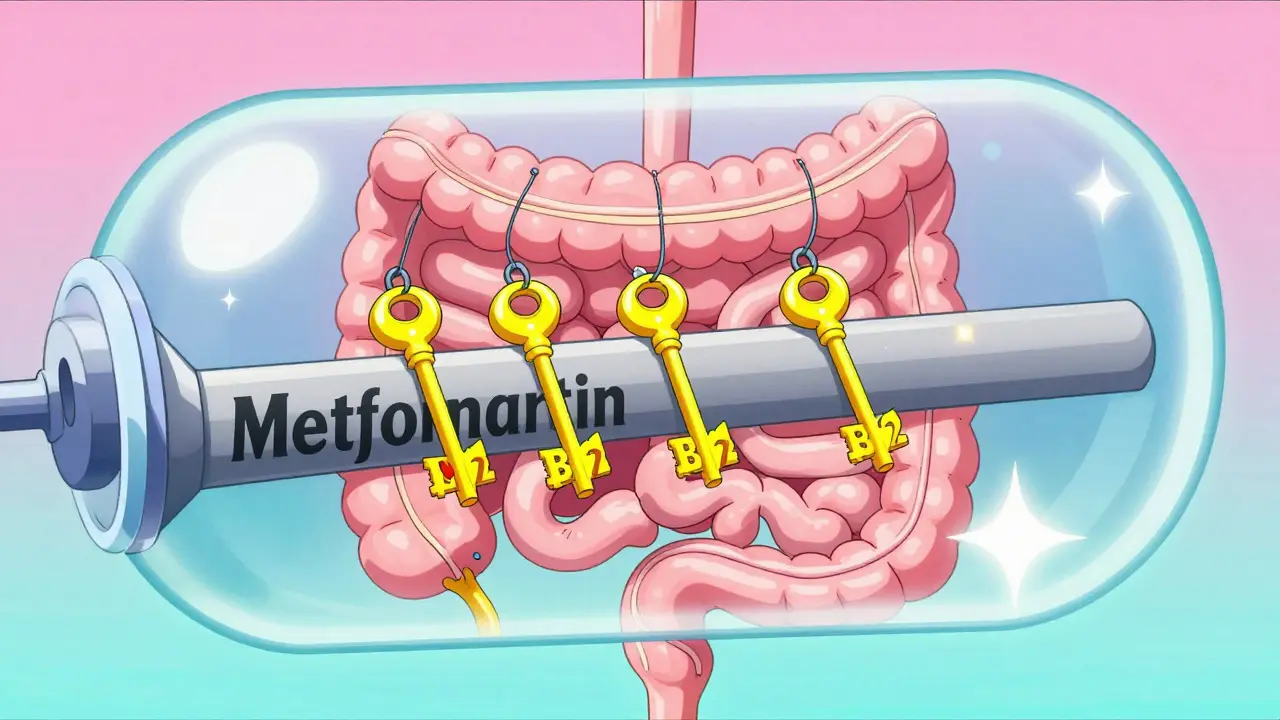 Stylized anime diagram showing metformin blocking vitamin B12 absorption