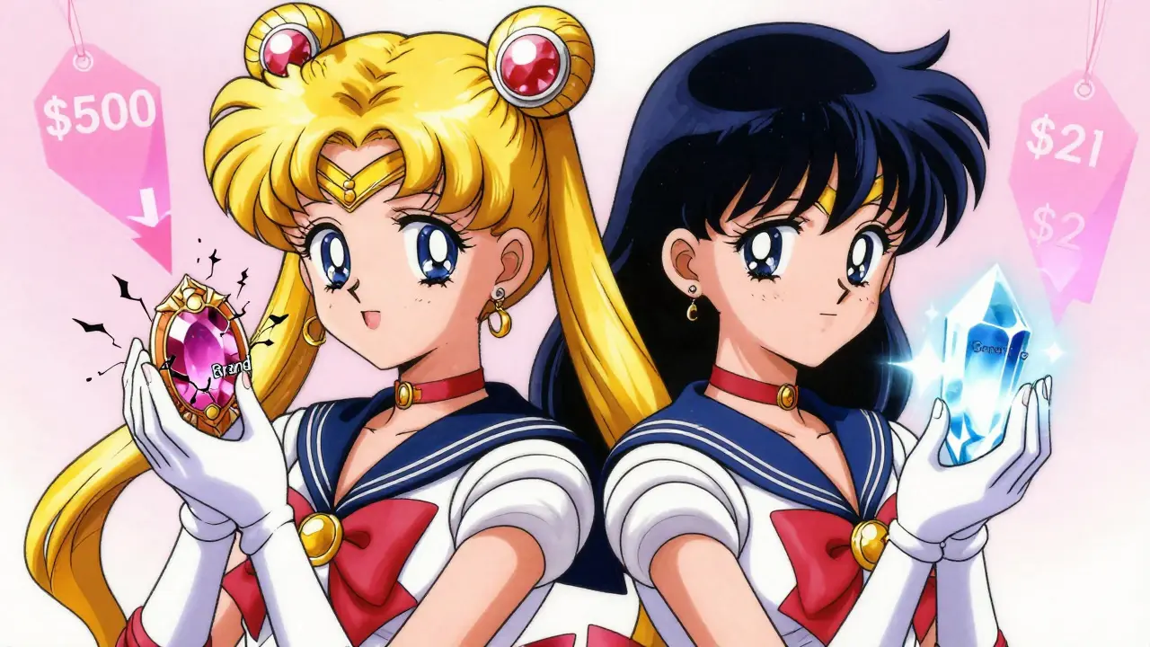 Two anime characters comparing cheap generic vs expensive brand pills
