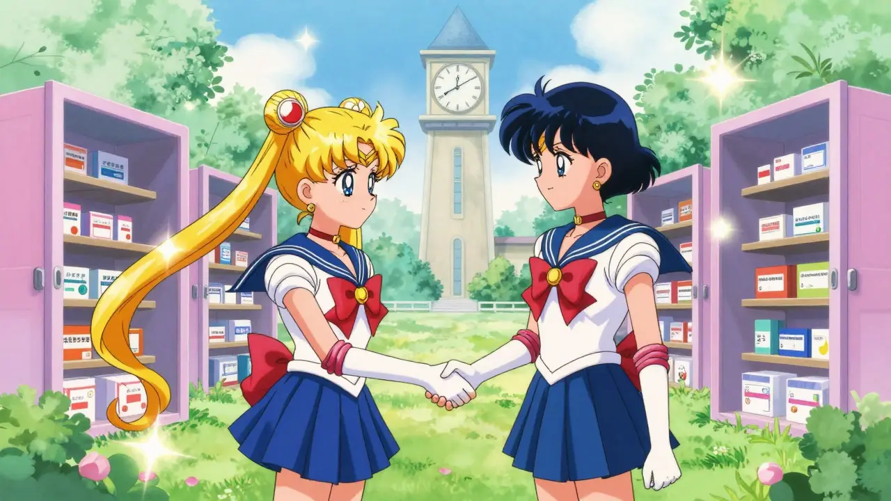 Two characters shaking hands in a sunny garden, symbolizing drug market settlements.