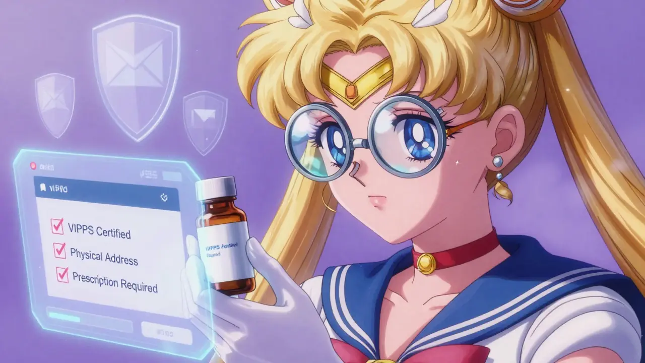 Anime character checking pharmacy safety seals and certs