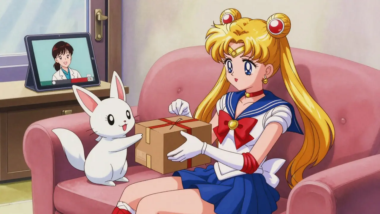 Anime character receiving discreet medication delivery at home comfortably.