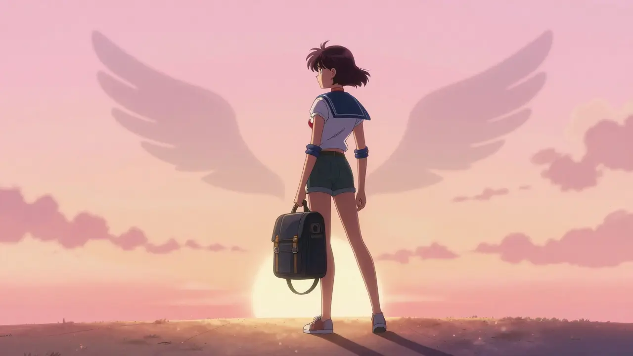 Anime character walking confidently towards a sunrise, leaving shadows behind.