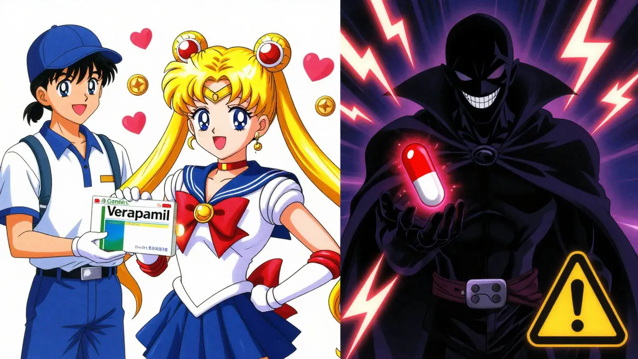 Anime comparison of safe generic meds vs fake scam pills