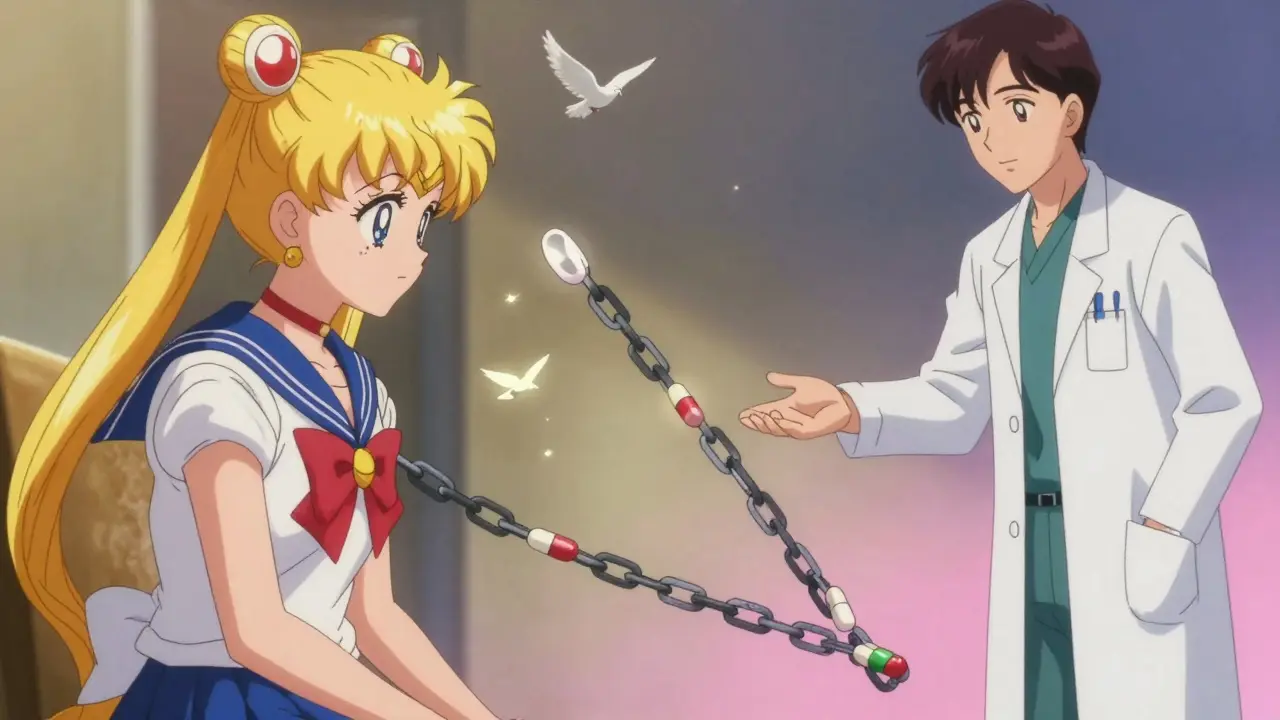 Anime patient breaking free from dark chains that turn into light, symbolizing recovery.