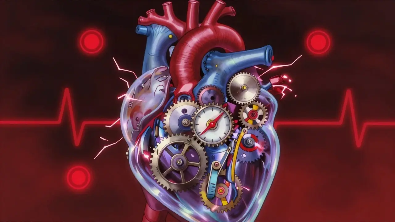 Anime style mechanical heart with sparking gears and red warning signs indicating risk.