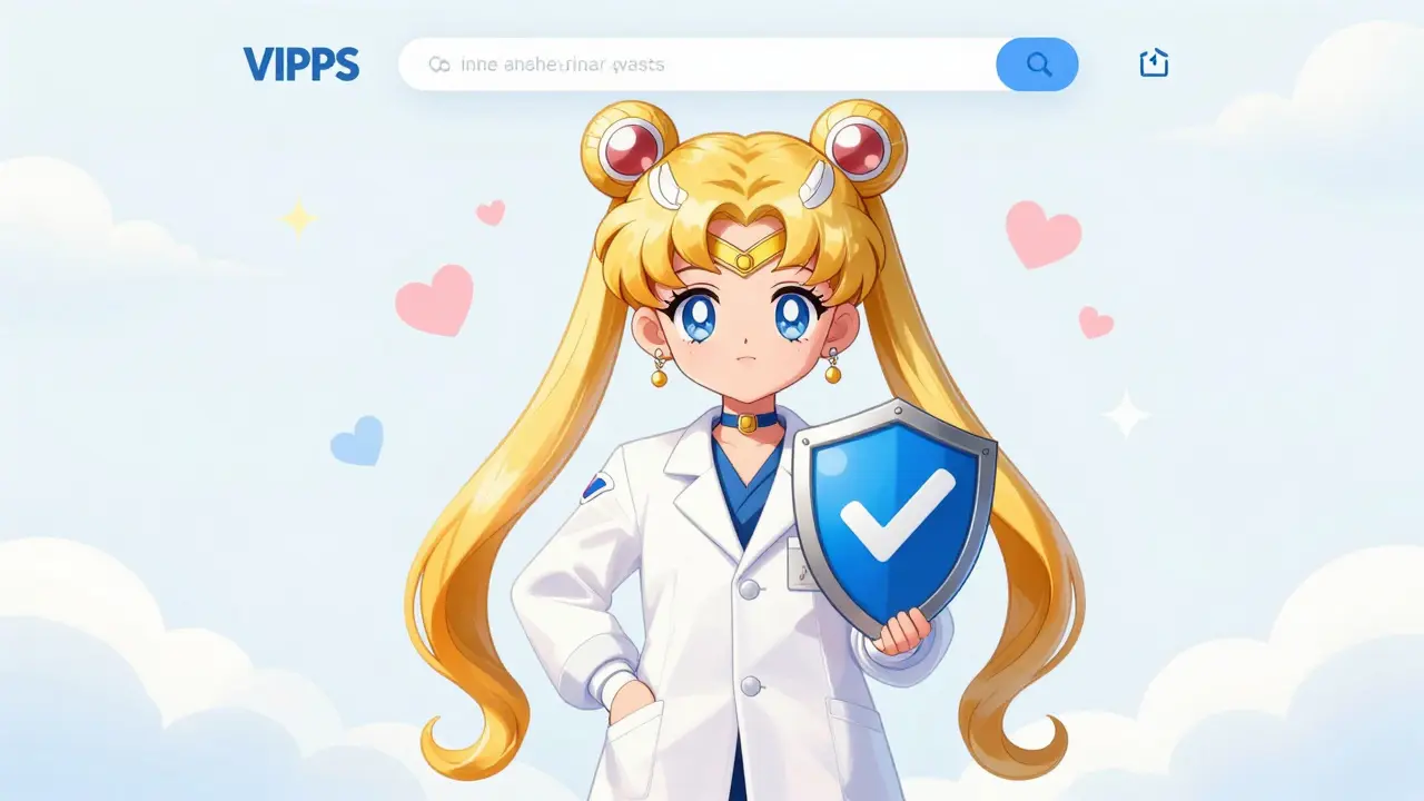 Cute pharmacist mascot holding a safety shield in a cloud-filled sky