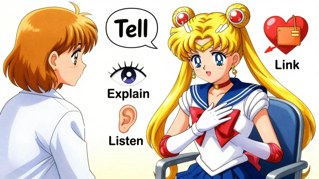 Doctor listening to patient using TELL framework in manga style