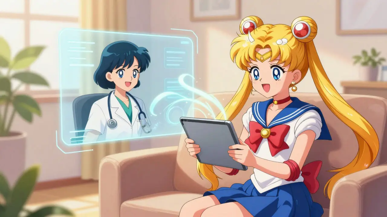 Happy patient video calling doctor in anime art