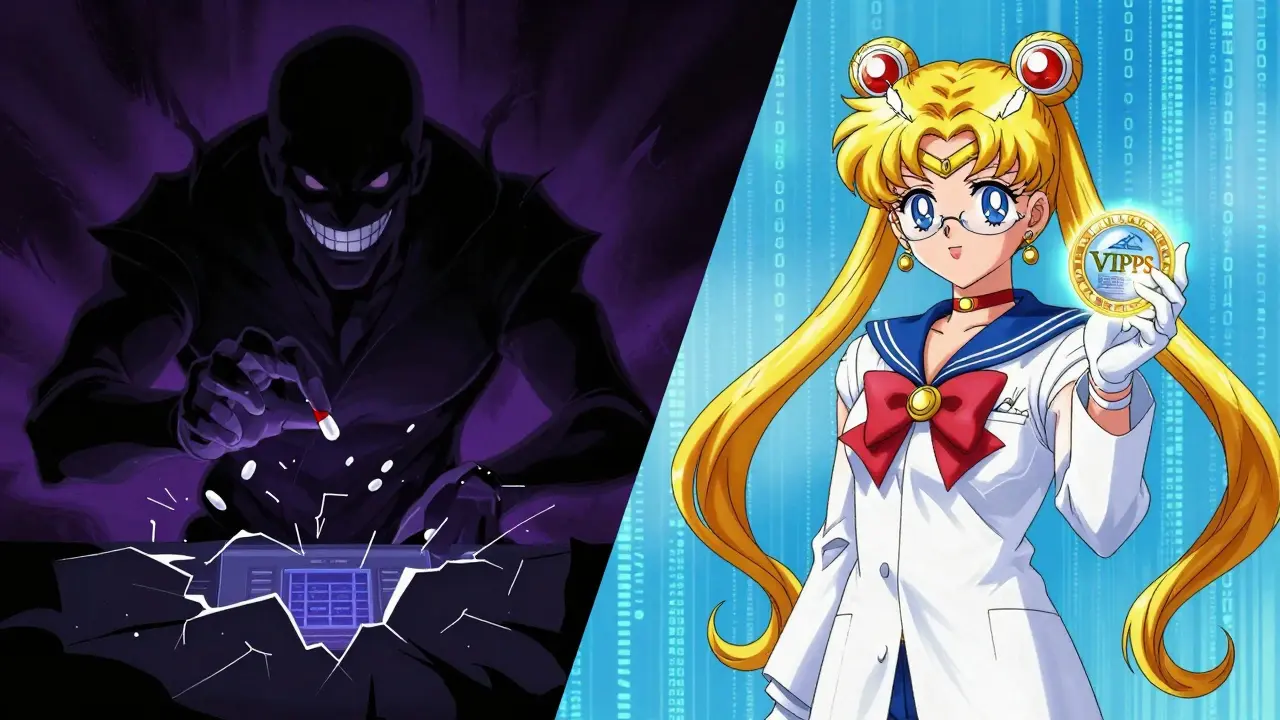 Heroic pharmacist vs dark scammer in anime style