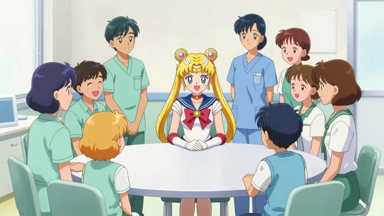 Hopeful anime scene of a care team and family discussing treatment in a bright room.