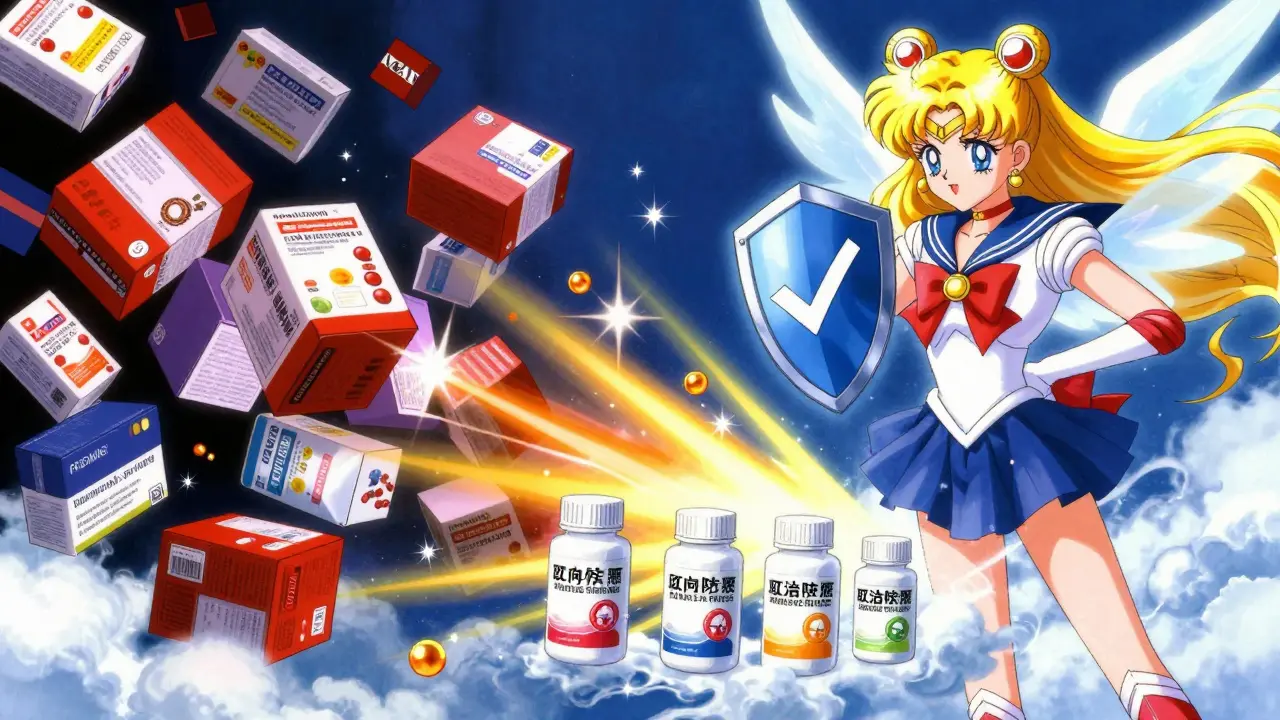 Magical anime scene showing generic pills replacing expensive brands safely.