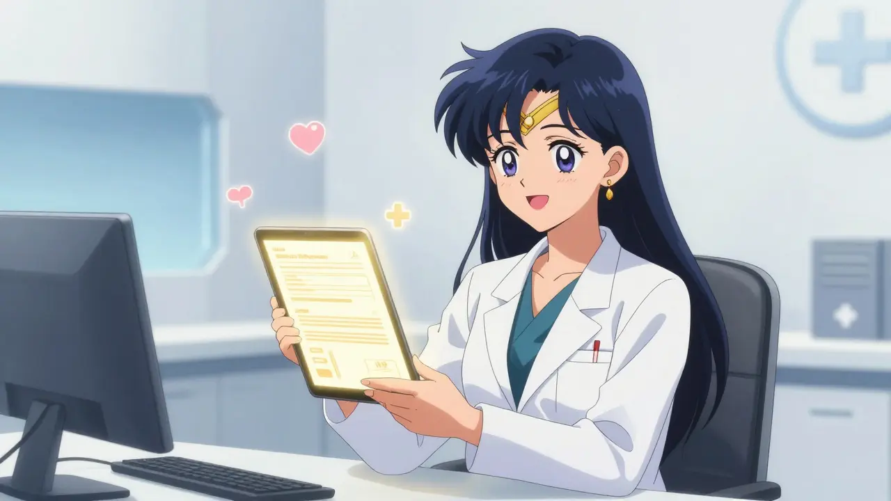 Magical girl doctor sending a glowing digital prescription via tablet