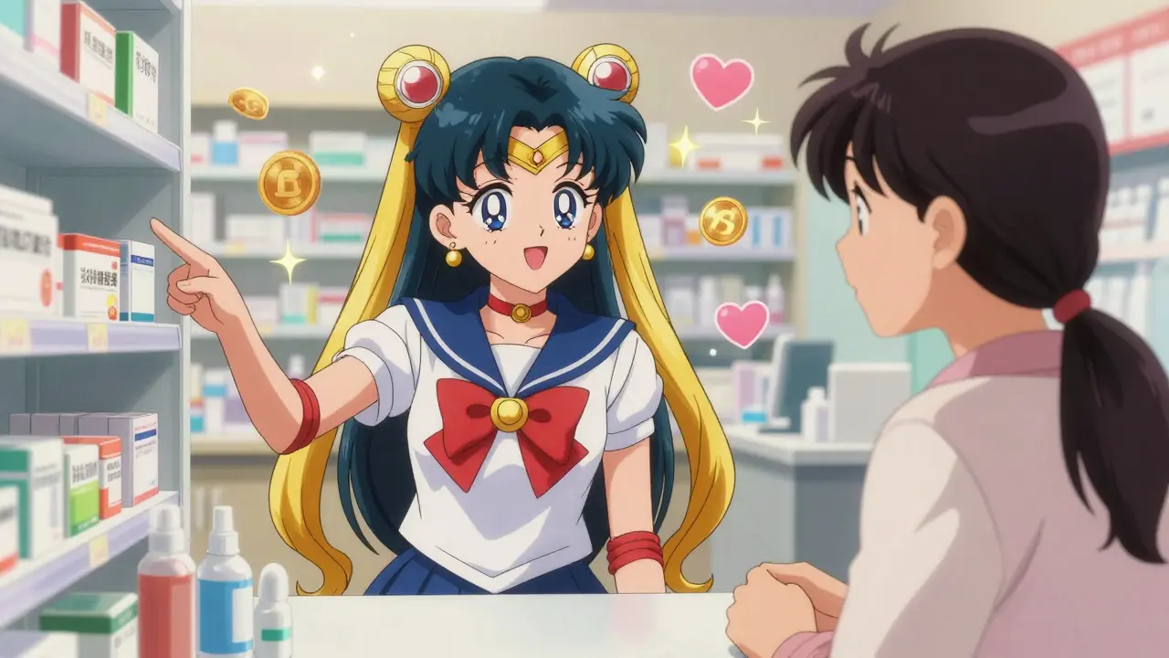 Pharmacist advising patient on generic medication savings in anime style
