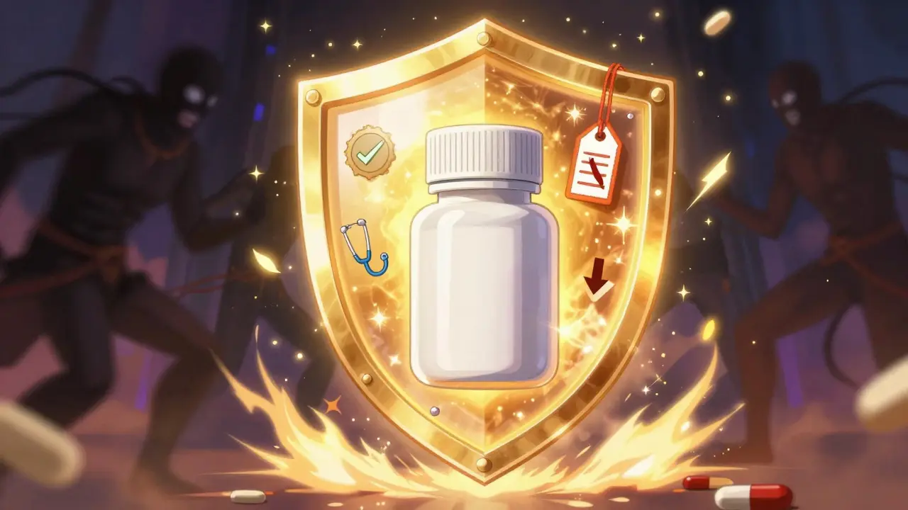 Protective shield around medication blocking scams