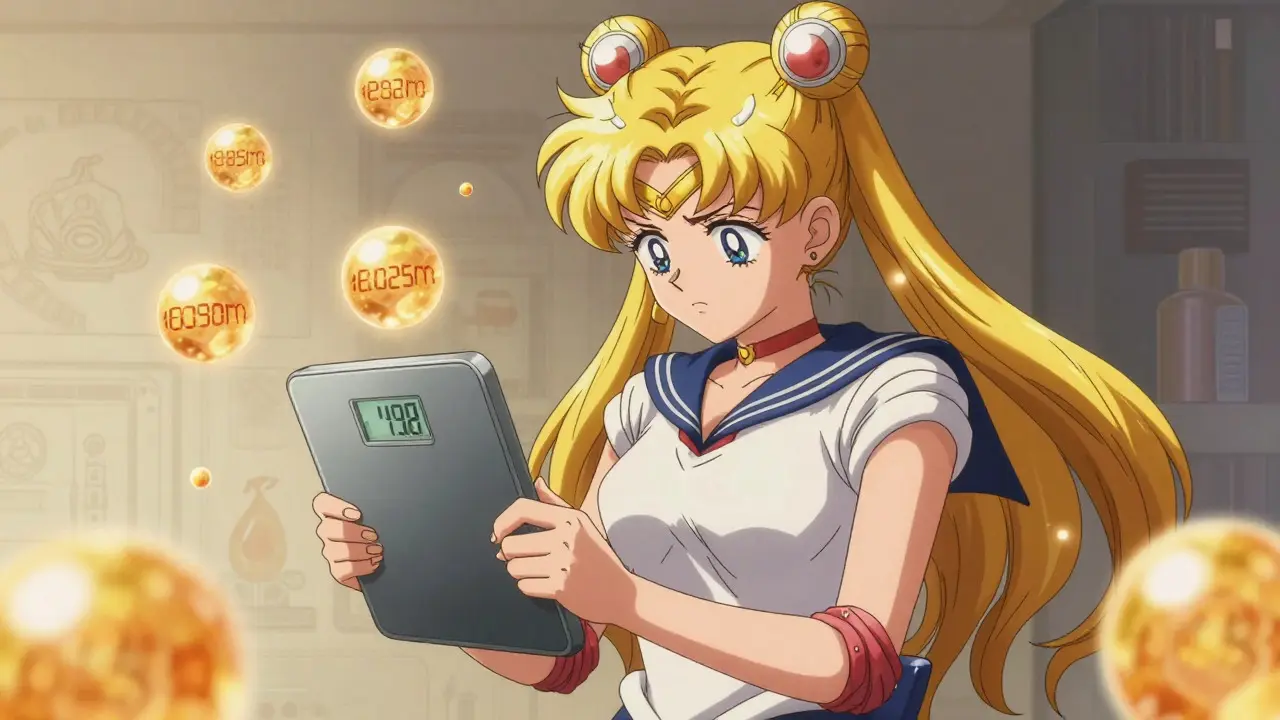 Anime character looking worried at a scale, surrounded by golden orbs representing weight gain.