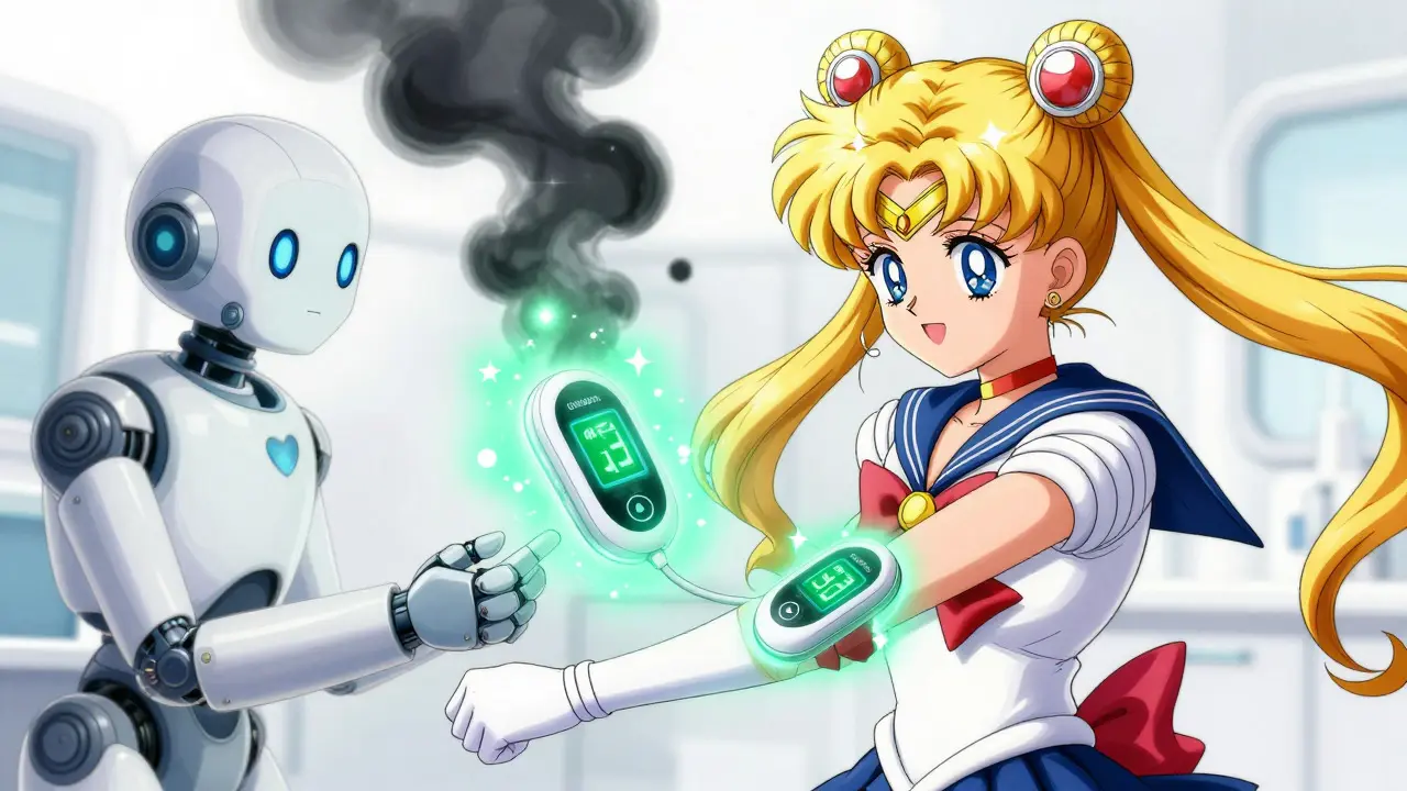 Anime girl using a glowing CGM device, protected by a green aura against dark anxiety clouds.