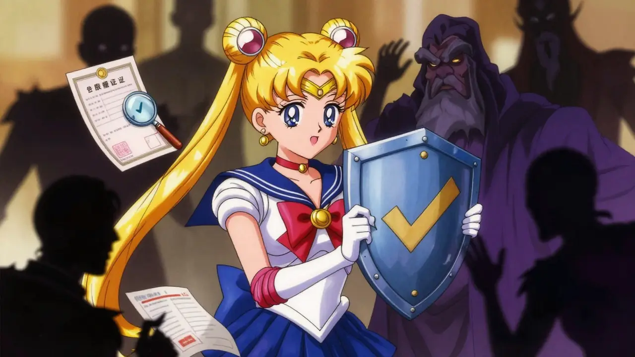 Anime guardian character shielding against dark scam shadows with a verification shield.