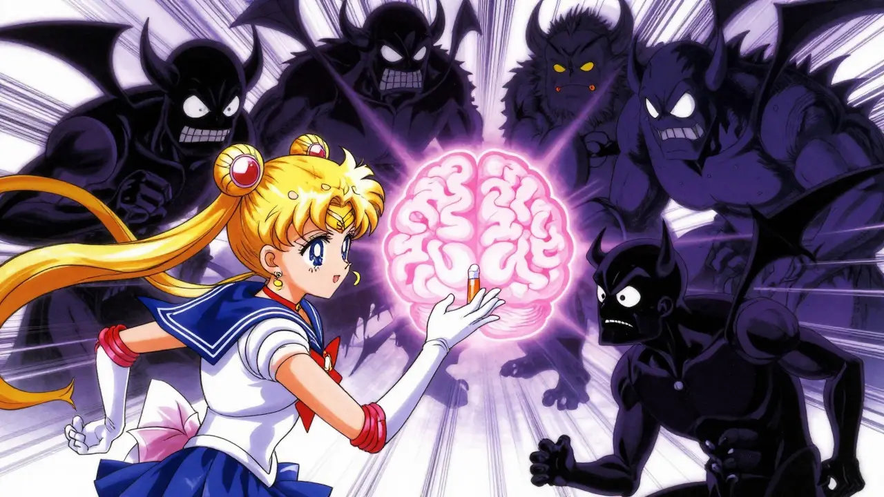 Anime style illustration of drug monsters blocking a glowing brain symbol