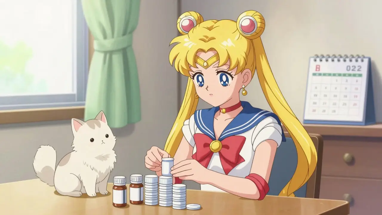Calm anime girl organizing pill bottles on a sunny table with a pet companion nearby.