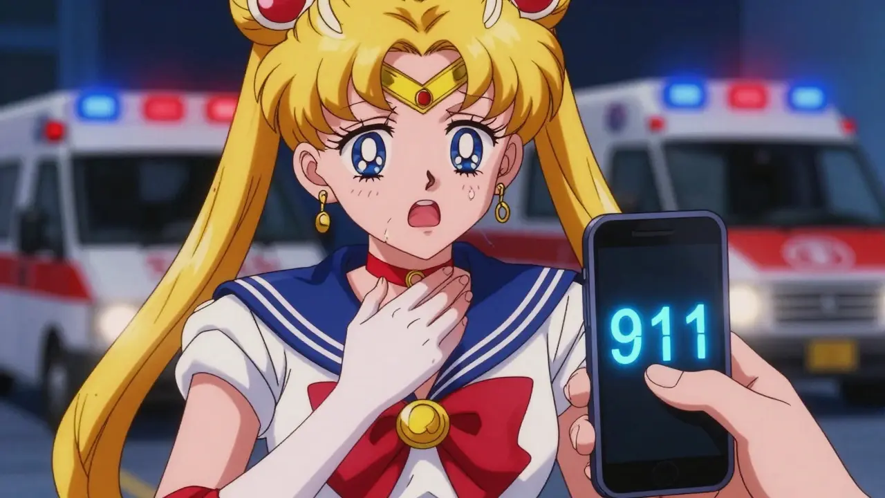 Character calling 911 during severe allergic reaction