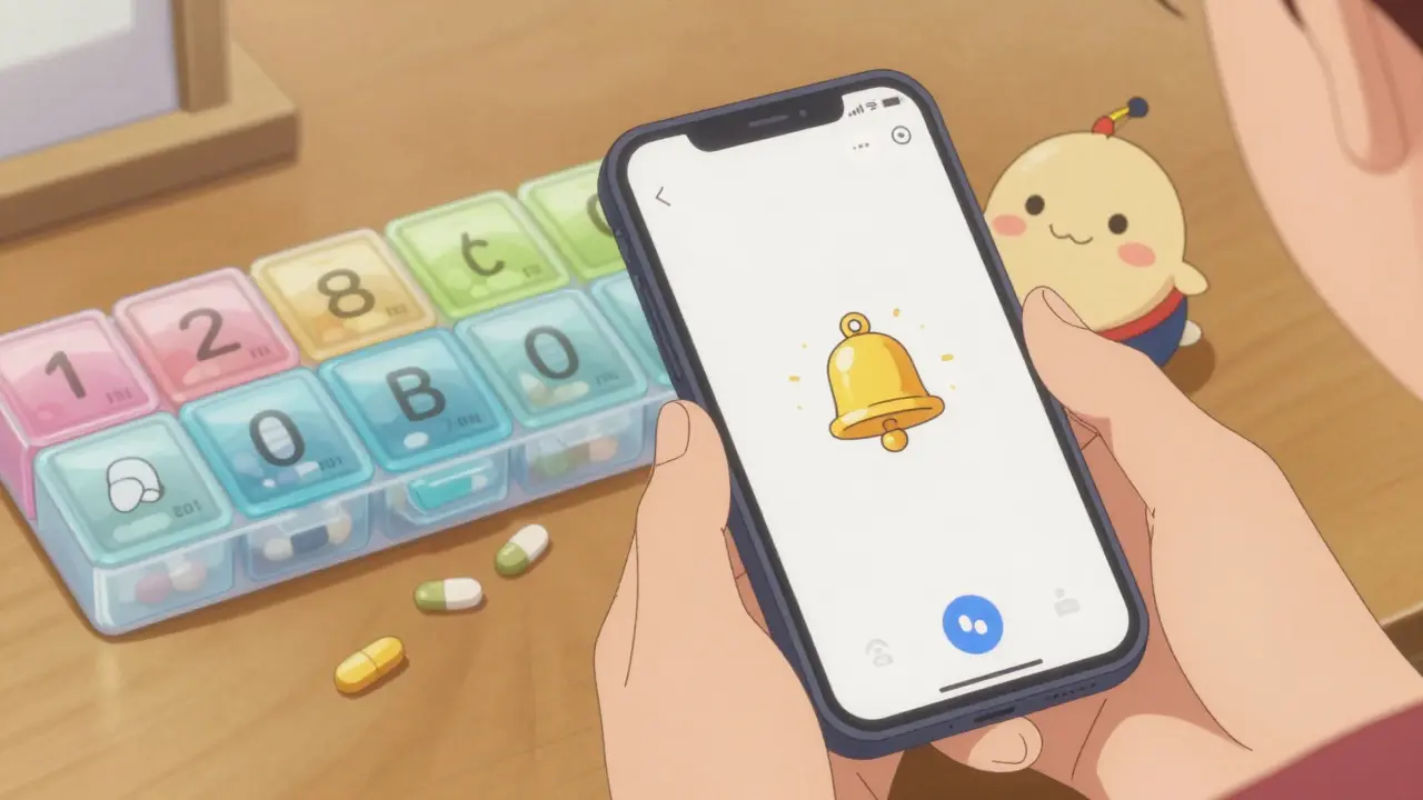 Cute anime hands holding phone reminder app and pill organizer