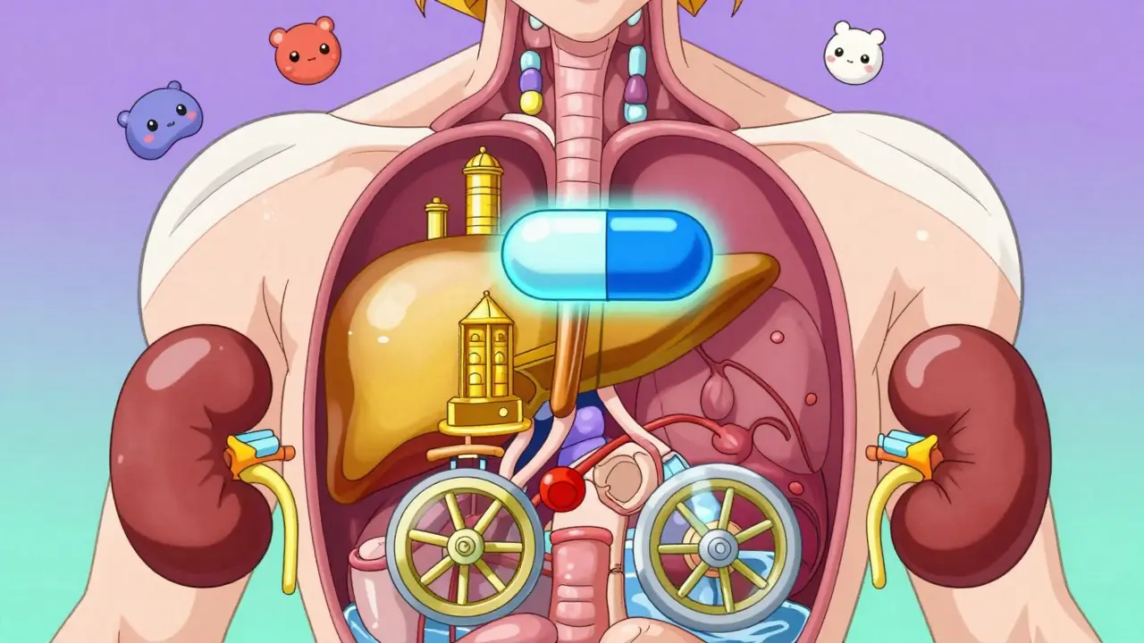 Cute anime visualization of a pill traveling slowly through aging organs