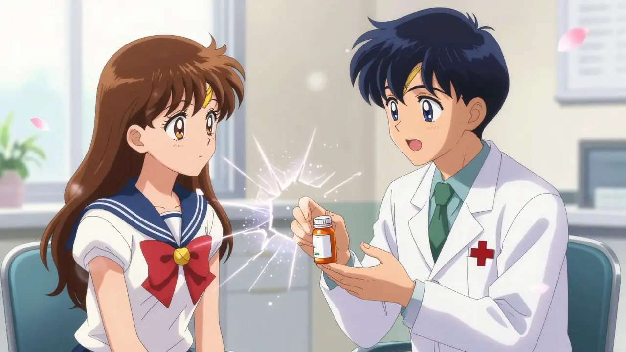 Doctor reassuring patient with generic pill in bright anime clinic
