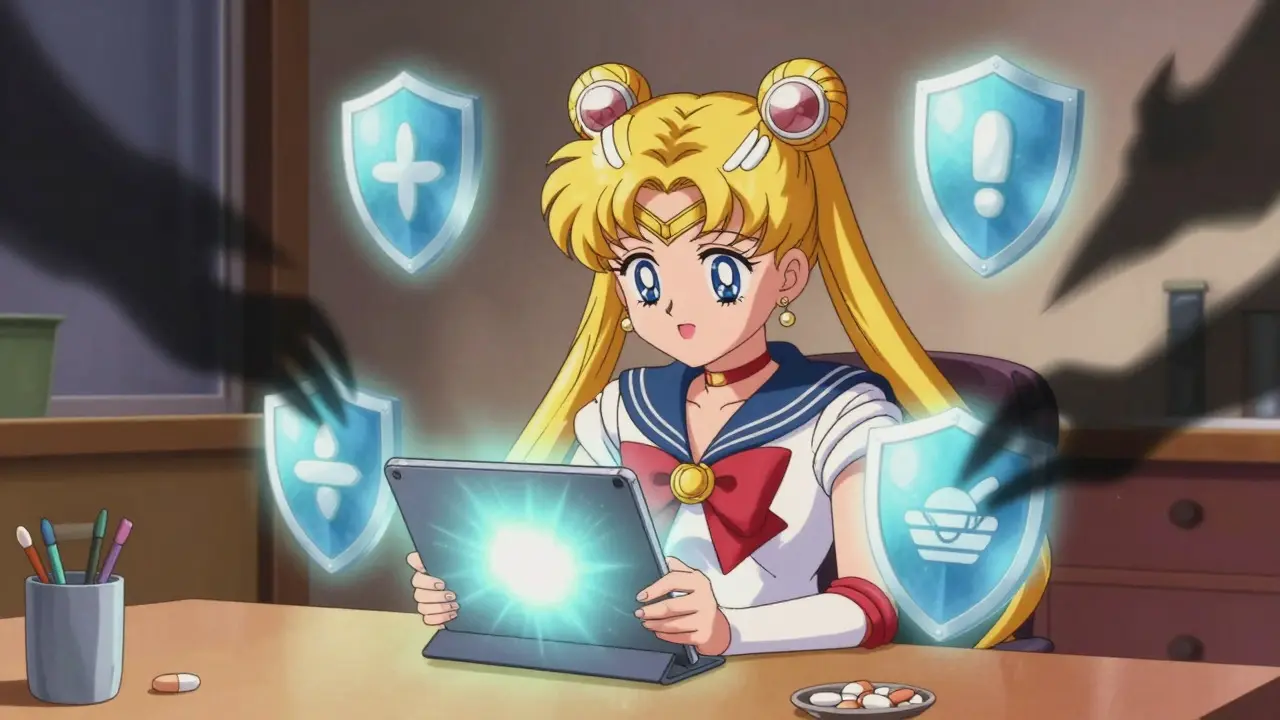 Girl safely browsing for medication online with protection