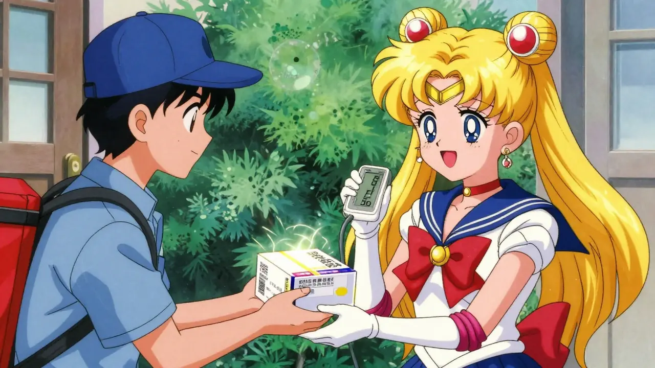 Happy patient receiving medicine package at door in anime style