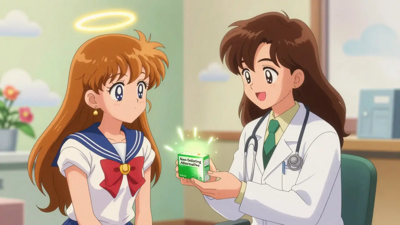 Happy patient receiving non-sedating meds from doctor in anime style