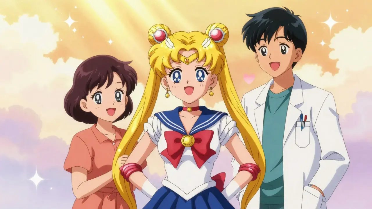 Hopeful anime scene of senior and family celebrating mental clarity