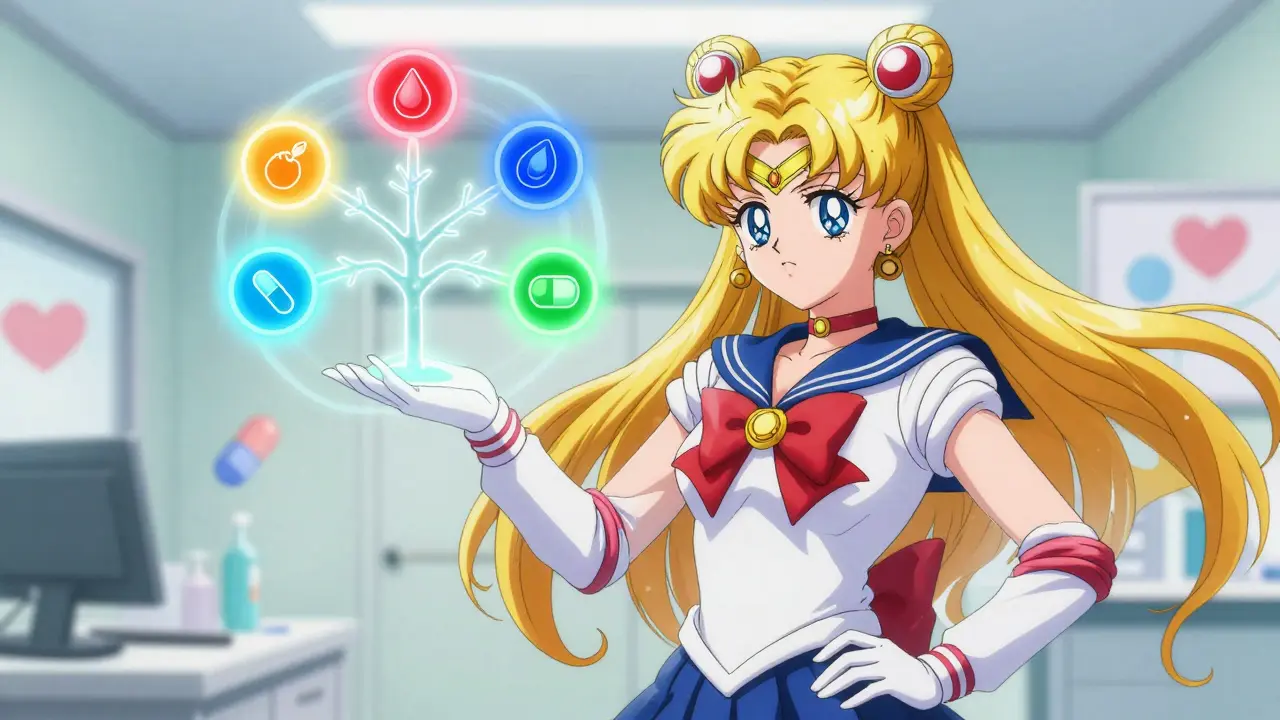 Magical girl pharmacist showing glowing medication decision tree