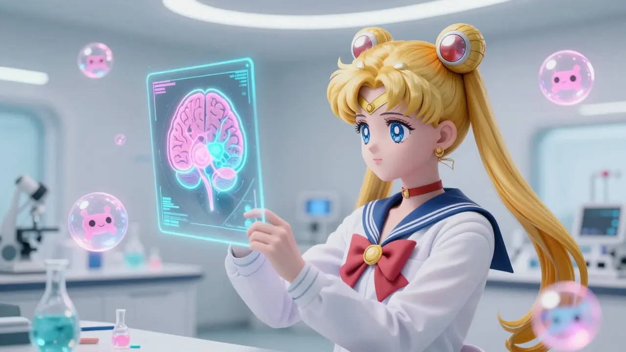 Sailor Moon style scientist analyzing glowing holographic brain scan