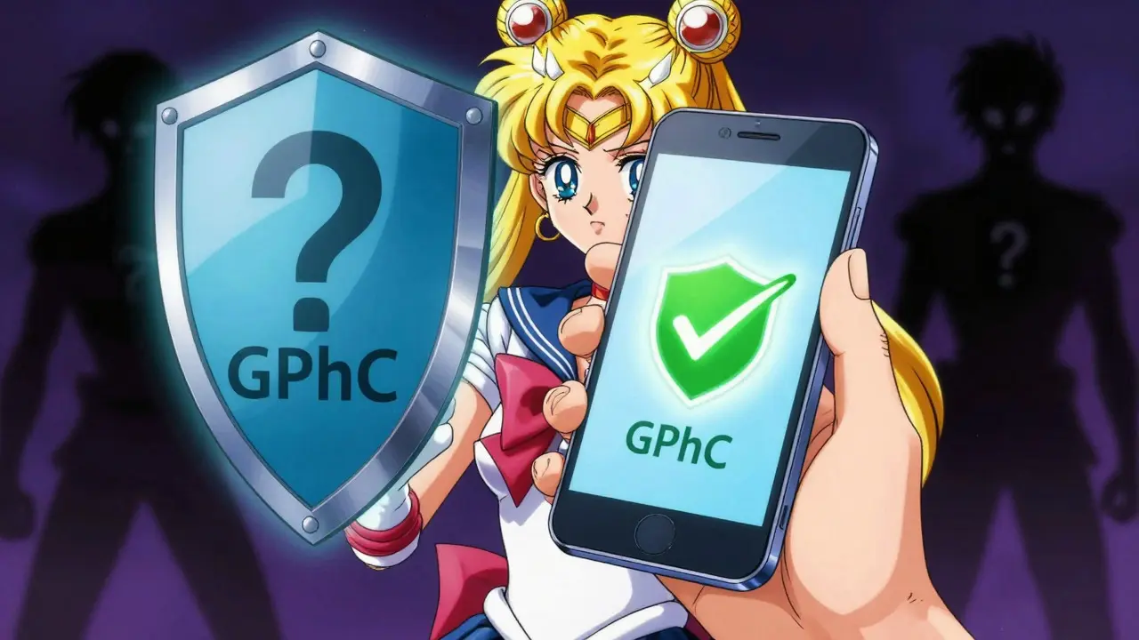 Smartphone showing safe pharmacy verification shield in anime art