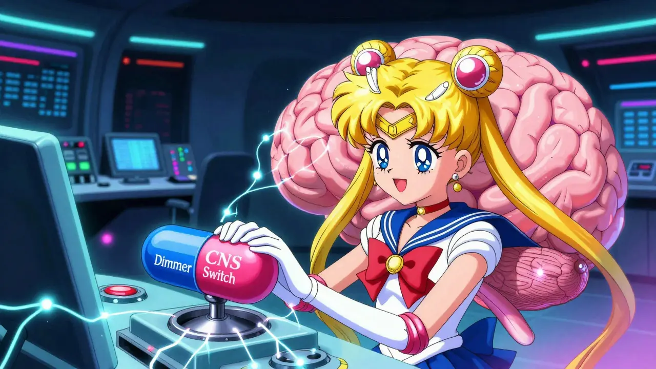 Stylized brain with dimmer switch being turned down by pill character