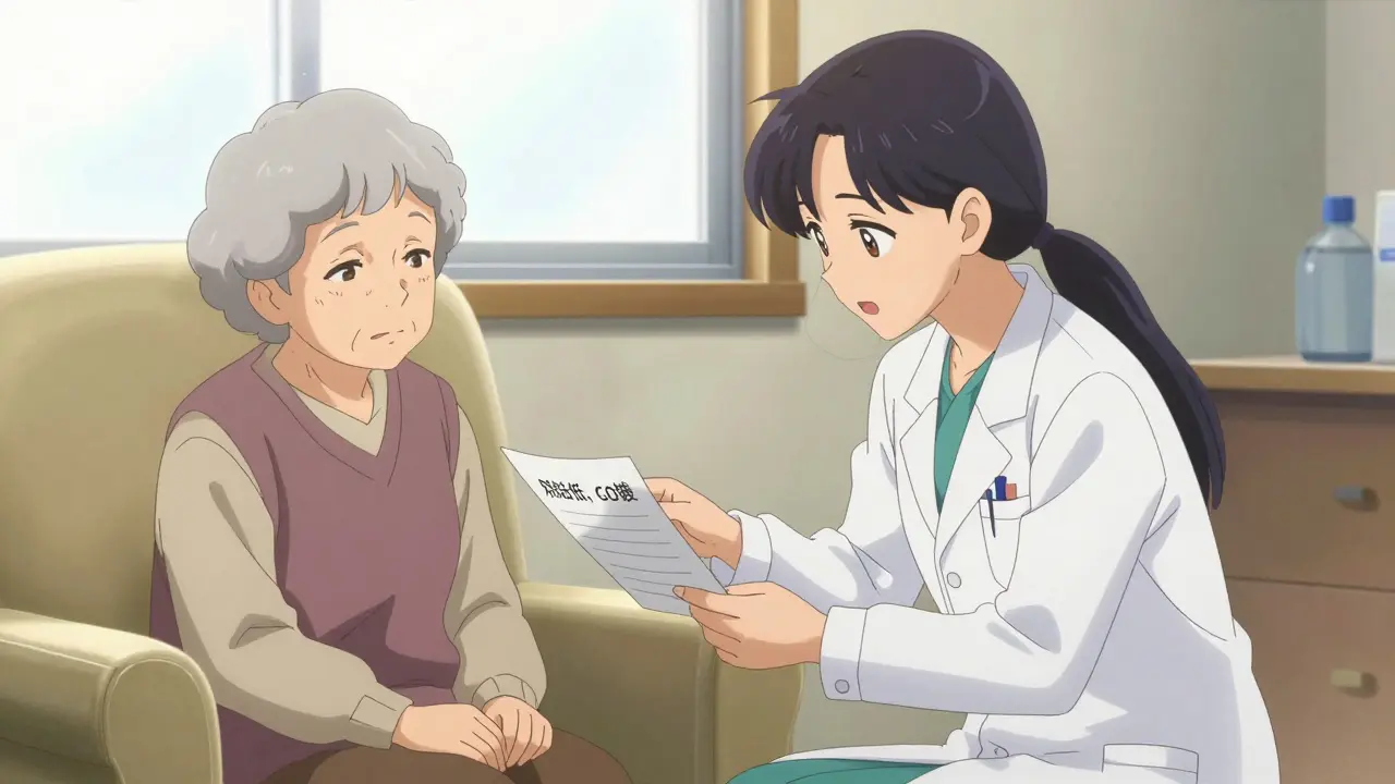 Young anime pharmacist explaining medication safety to an elderly patient