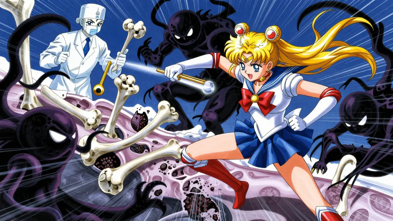 Anime battle scene where medicine fights bone-decay monsters