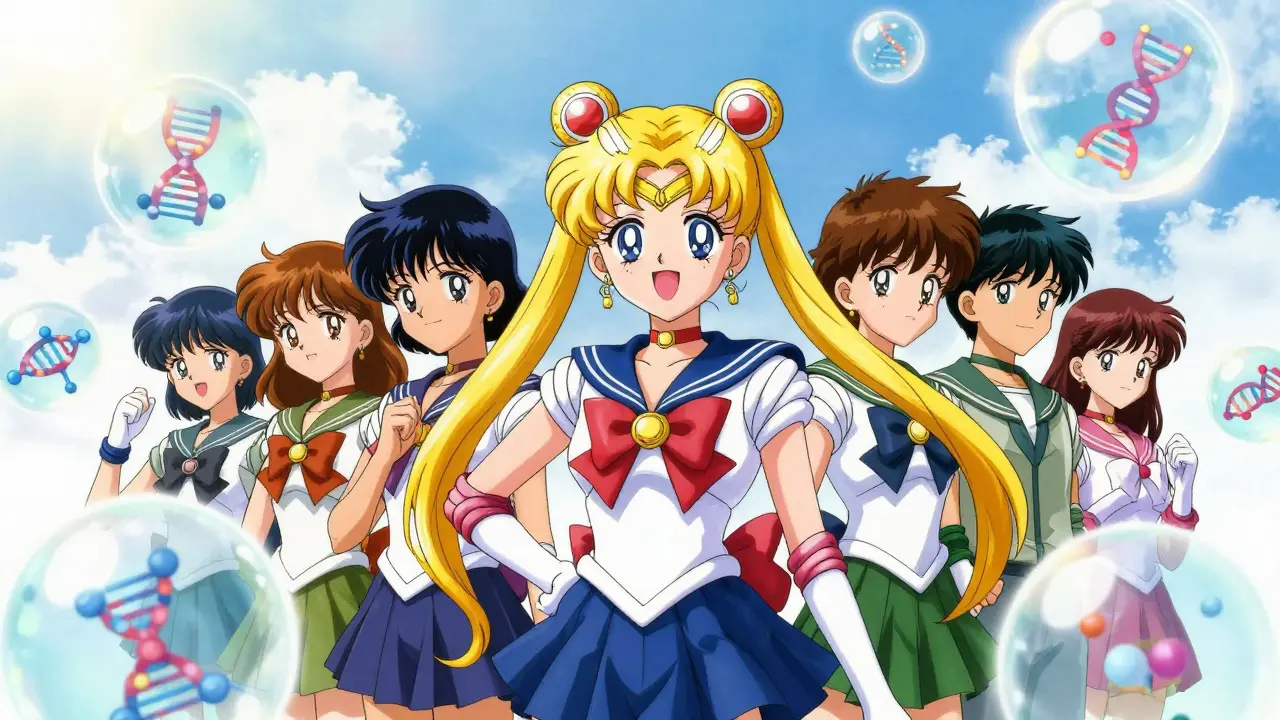 Anime characters standing under a sunny sky surrounded by floating DNA orbs