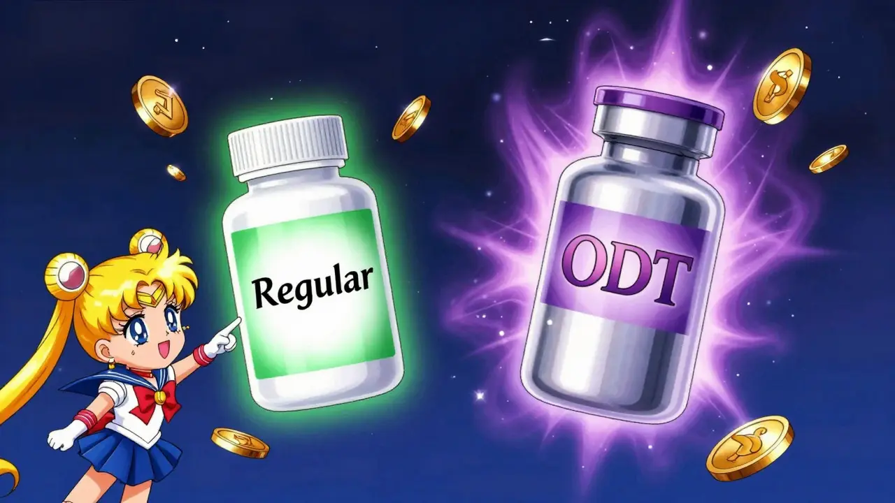 Anime comparison of cheap regular pills vs expensive ODTs