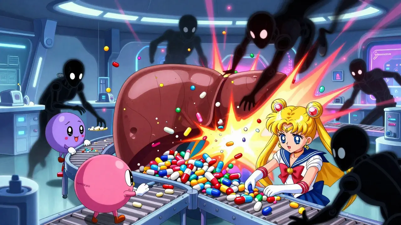 Anime enzymes blocked by dark figures, illustrating dangerous drug interactions in the liver.