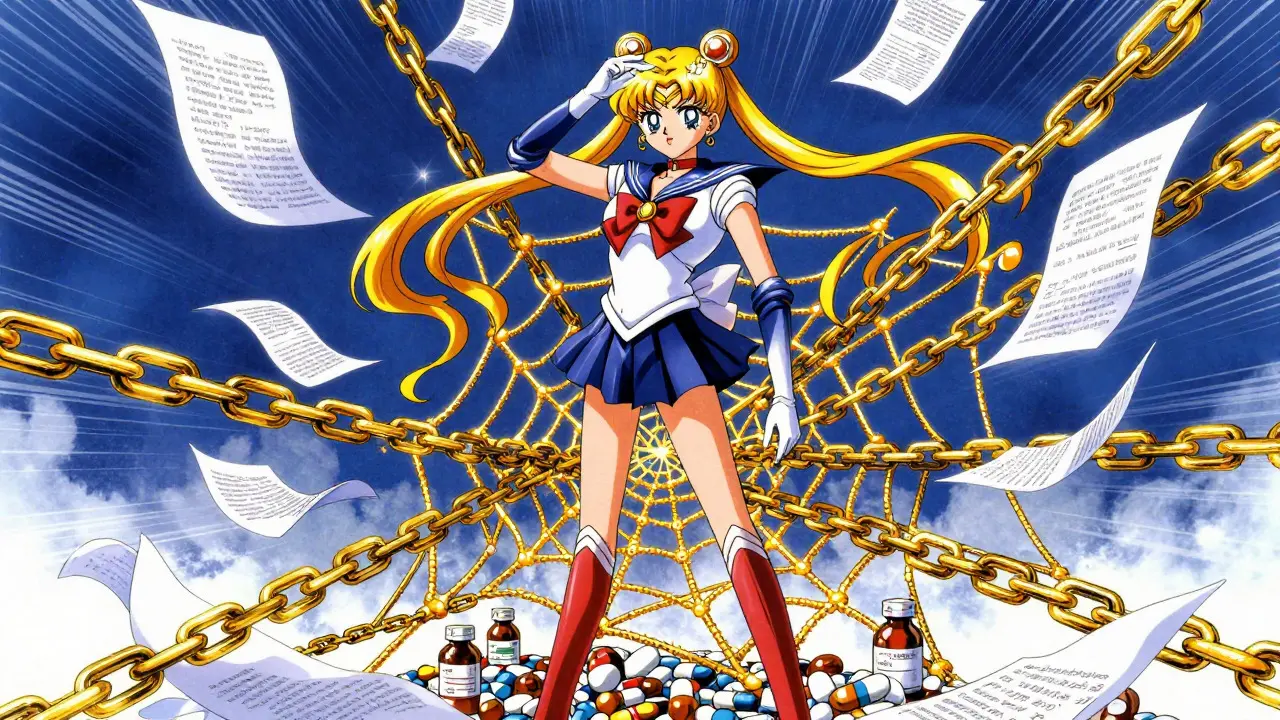 Anime executive standing on a web of golden patent chains trapping generic drugs