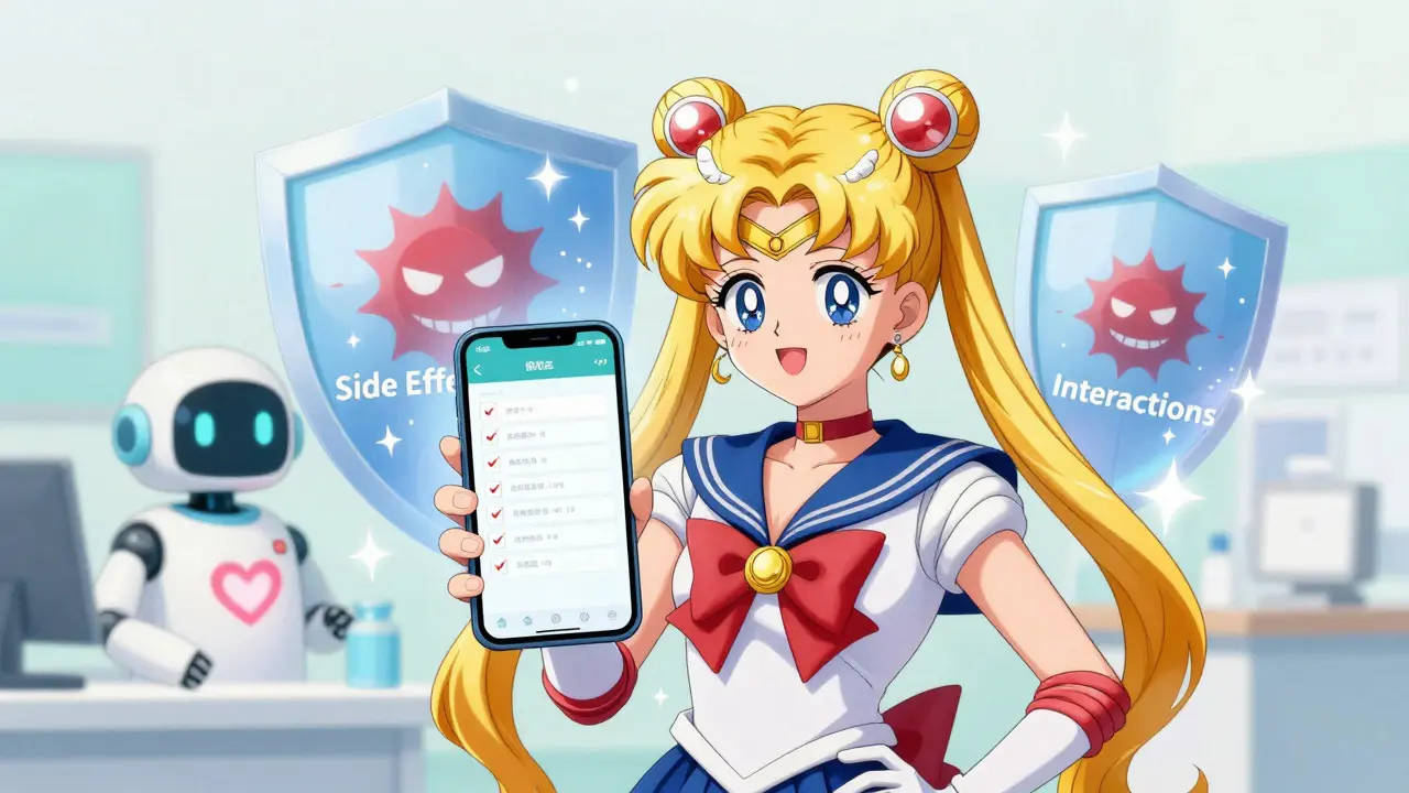 Anime patient using a phone app with a robot assistant, showing safe medication monitoring.