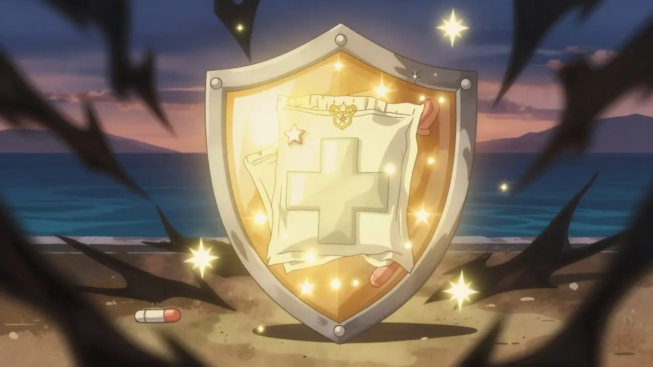 Anime shield protecting medicine package from scam shadows