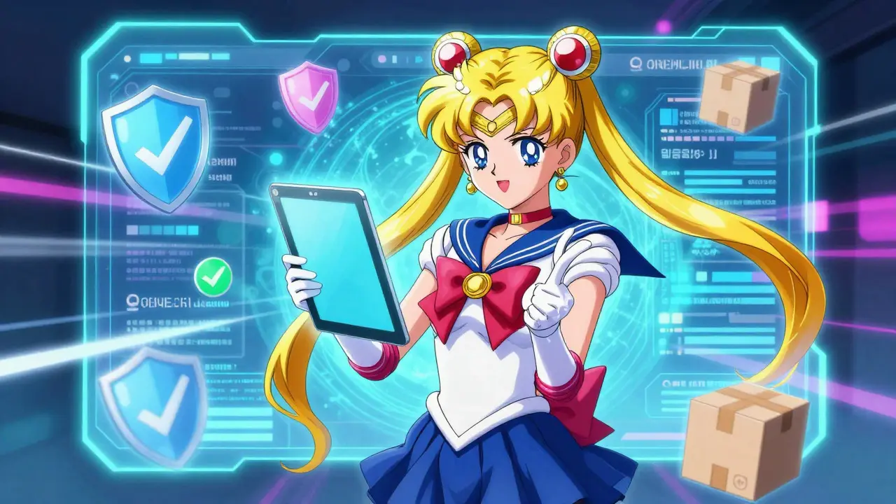 Confident anime character checking online pharmacy options with floating icons